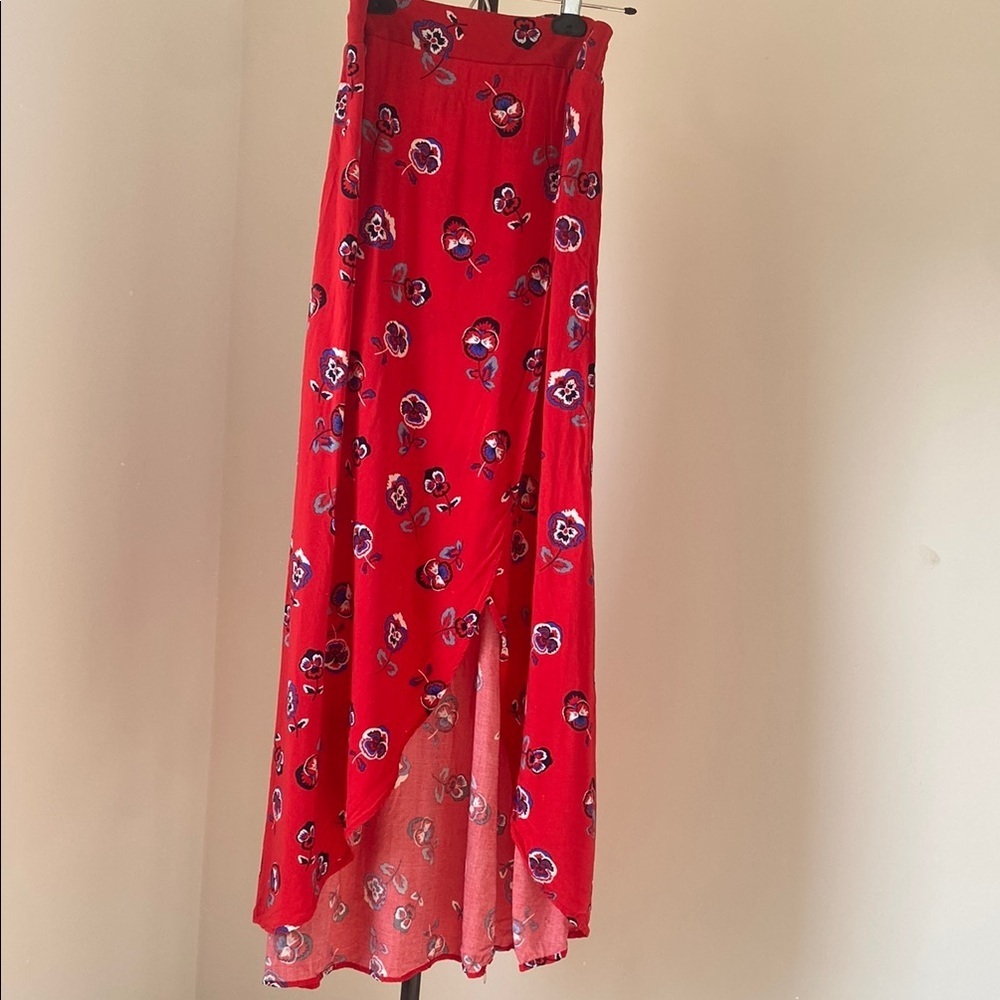 Express Red Maxi A-Line Skirt with High-Low Slit